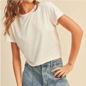 MIOU MUSE Tee Shirt Cuff Sleeved Cropped Top White Small